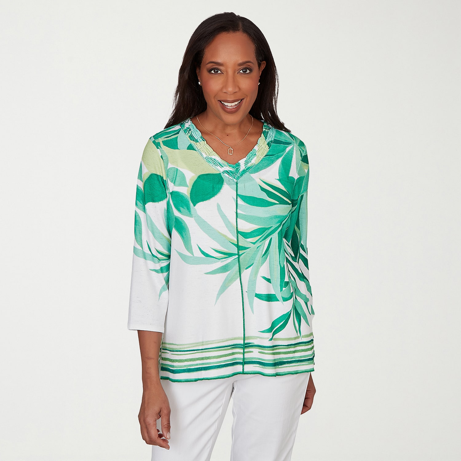 Alfred Dunner Resort Living Womens V Neck 3/4 Sleeve T-Shirt