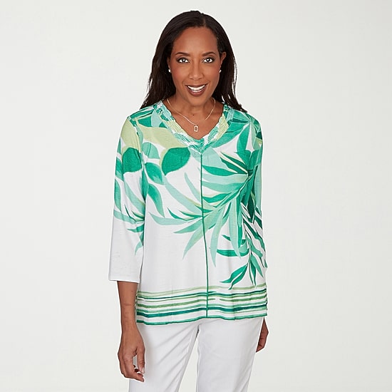 Alfred Dunner Resort Living Womens V Neck 3/4 Sleeve T-Shirt