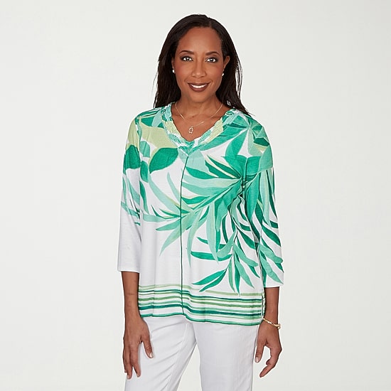 Alfred Dunner Resort Living Womens V Neck 3/4 Sleeve T-Shirt