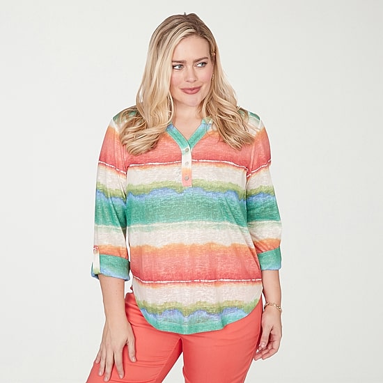 Alfred Dunner Resort Living Womens Y Neck 3/4 Sleeve T-Shirt