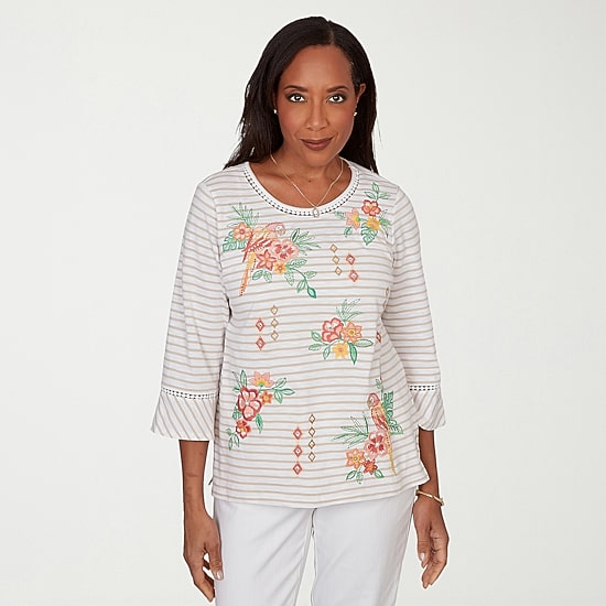 Alfred Dunner Resort Living Womens Crew Neck 3/4 Sleeve T-Shirt