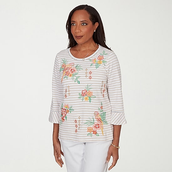 Alfred Dunner Resort Living Womens Crew Neck 3/4 Sleeve T-Shirt