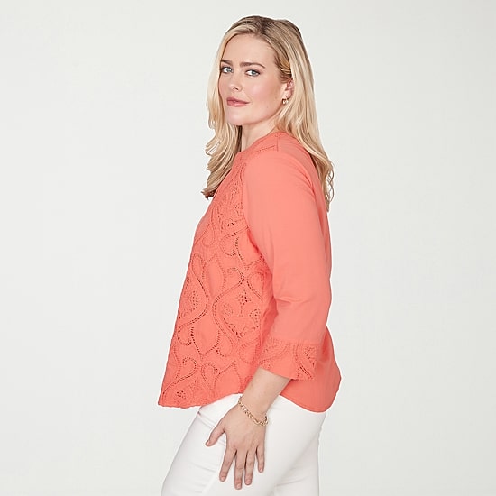 Alfred Dunner Resort Living Womens Split Crew Neck 3/4 Sleeve Lace Lined Blouse