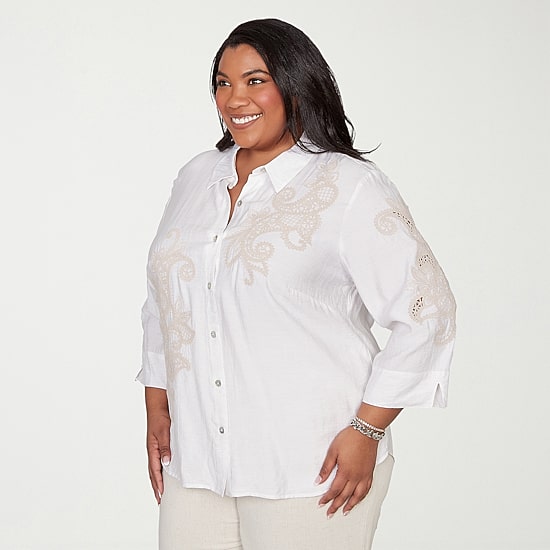 Alfred Dunner Natural Wonder Womens Plus 3/4 Sleeve Blouse