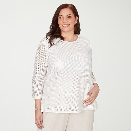 Alfred Dunner Natural Wonder Womens Plus Crew Neck 3/4 Sleeve T-Shirt