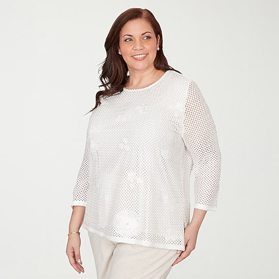 Alfred Dunner Natural Wonder Womens Plus Crew Neck 3/4 Sleeve T-Shirt