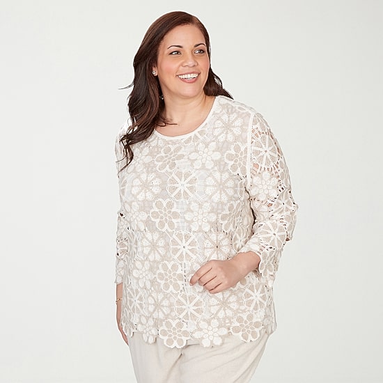 Alfred Dunner Natural Wonder Womens Plus Crew Neck 3/4 Sleeve T-Shirt