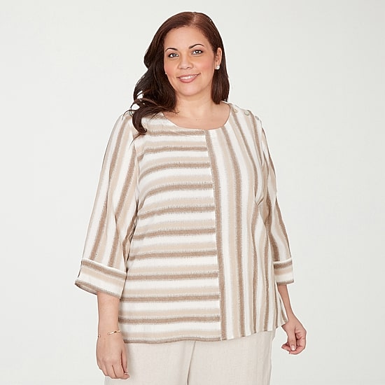 Alfred Dunner Natural Wonder Womens Plus Crew Neck 3/4 Sleeve Blouse