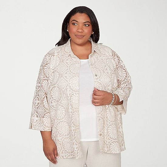 Alfred Dunner Natural Wonder Womens Plus 3/4 Sleeve Layered Top