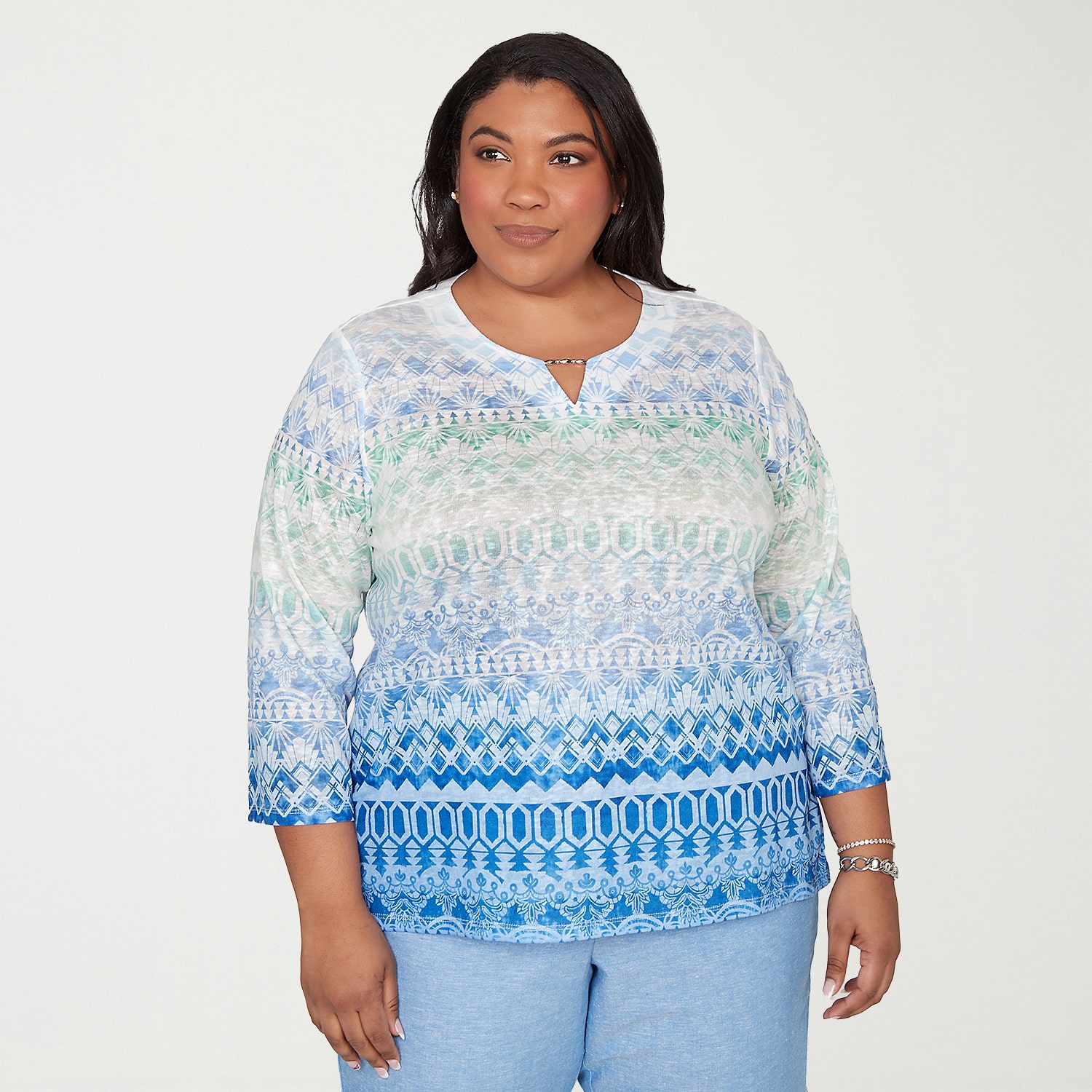 Alfred Dunner Caribbean Blues Womens Plus Split Crew Neck 3/4 Sleeve T-Shirt