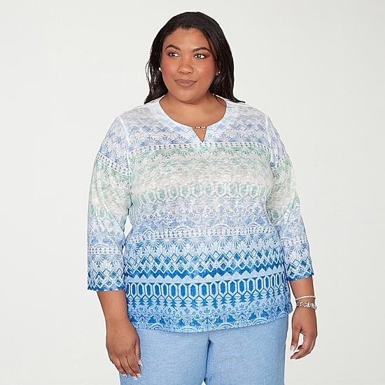 Alfred Dunner Caribbean Blues Womens Plus Split Crew Neck 3/4 Sleeve T-Shirt