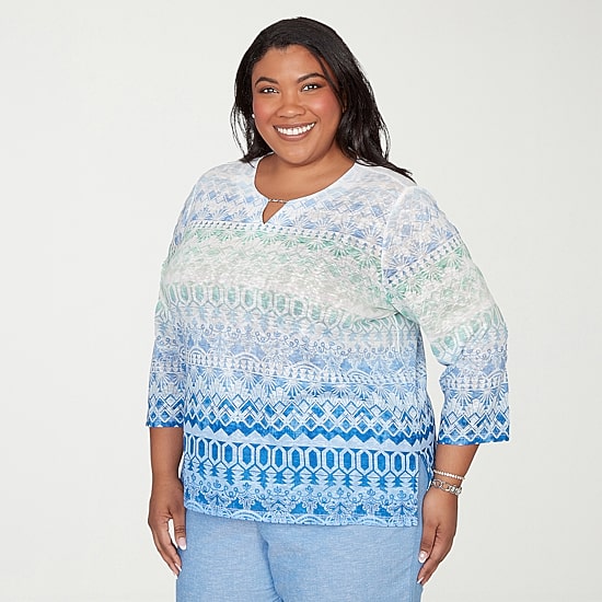 Alfred Dunner Caribbean Blues Womens Plus Split Crew Neck 3/4 Sleeve T-Shirt