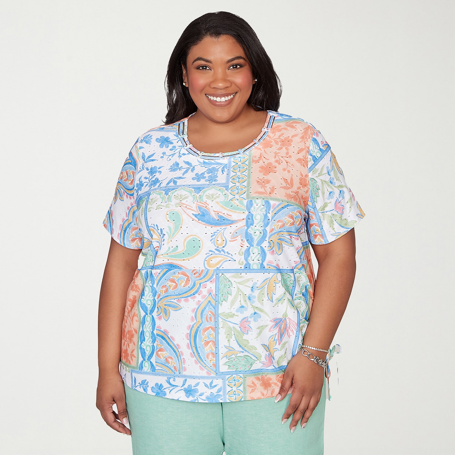 Alfred Dunner Caribbean Blues Womens Plus Crew Neck Short Sleeve T-Shirt