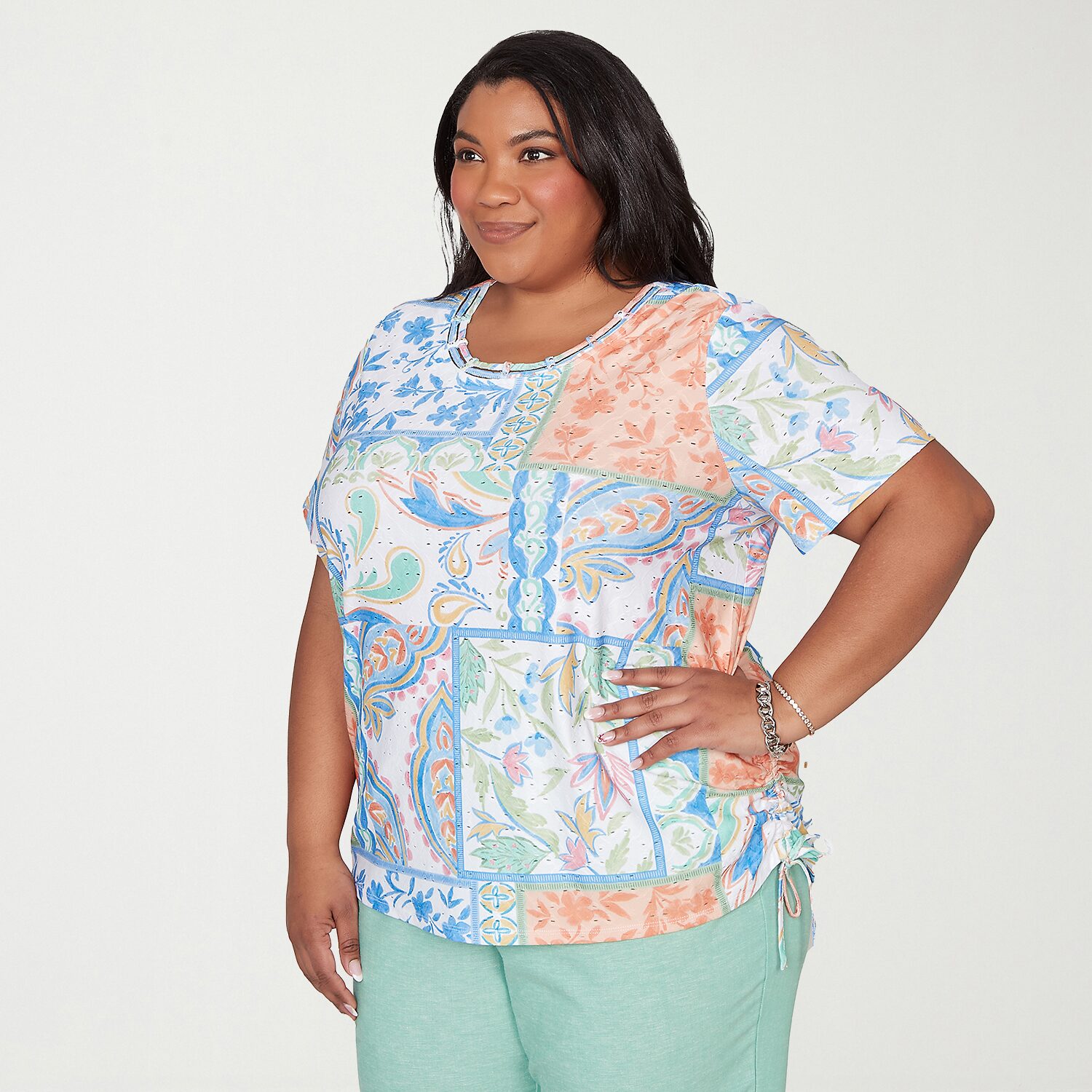 Alfred Dunner Caribbean Blues Womens Plus Crew Neck Short Sleeve T-Shirt