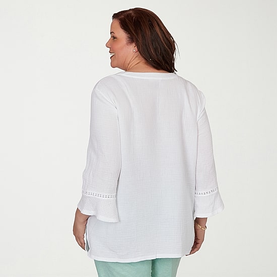 Alfred Dunner Caribbean Blues Womens Plus Split Crew Neck 3/4 Sleeve Blouse