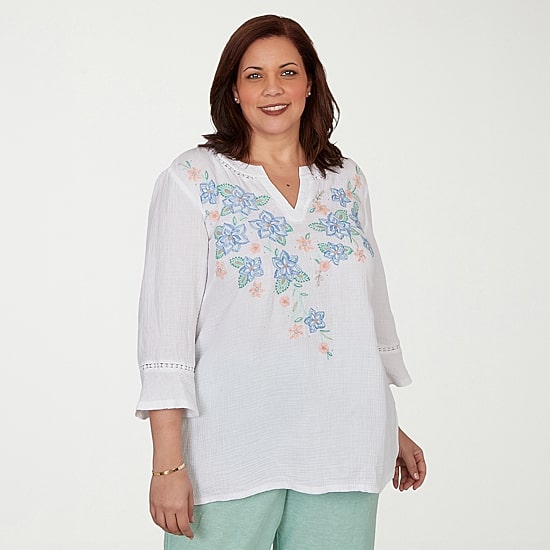 Alfred Dunner Caribbean Blues Womens Plus Split Crew Neck 3/4 Sleeve Blouse