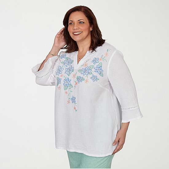 Alfred Dunner Caribbean Blues Womens Plus Split Crew Neck 3/4 Sleeve Blouse