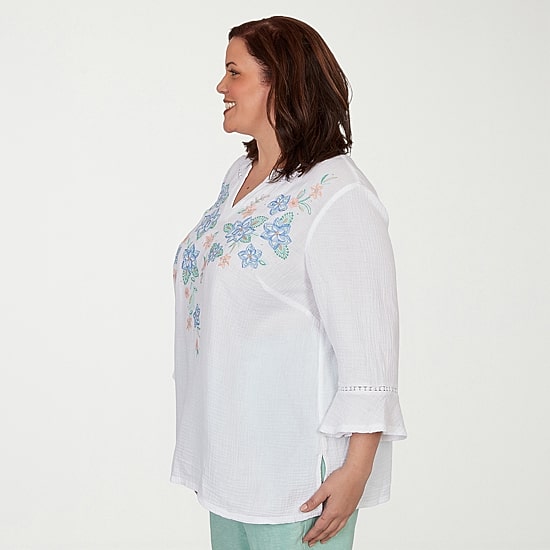 Alfred Dunner Caribbean Blues Womens Plus Split Crew Neck 3/4 Sleeve Blouse