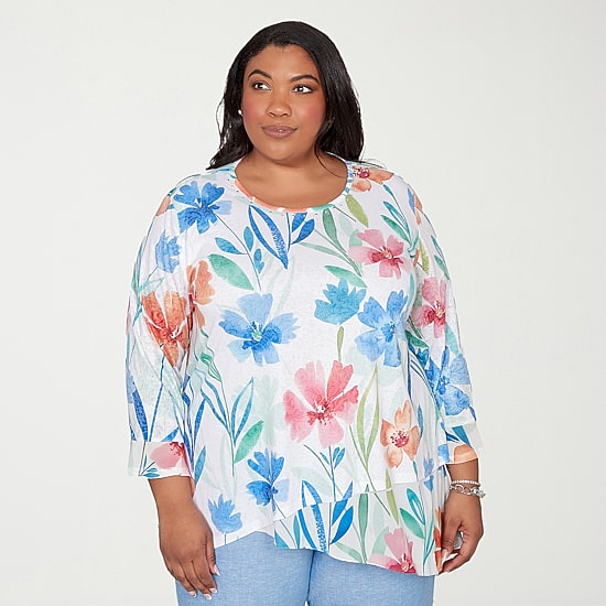 Alfred Dunner Caribbean Blues Womens Plus Crew Neck 3/4 Sleeve T-Shirt