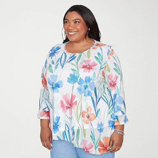Alfred Dunner Caribbean Blues Womens Plus Crew Neck 3/4 Sleeve T-Shirt