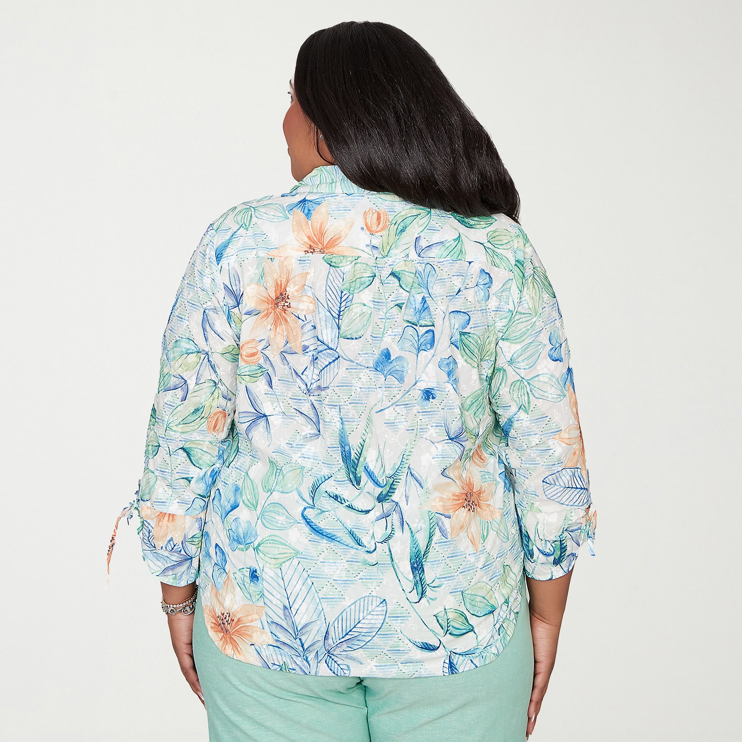 Alfred Dunner Caribbean Blues Womens Plus 3/4 Sleeve Blouse