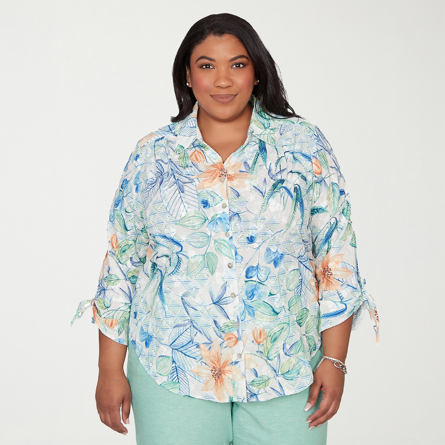 Alfred Dunner Caribbean Blues Womens Plus 3/4 Sleeve Blouse