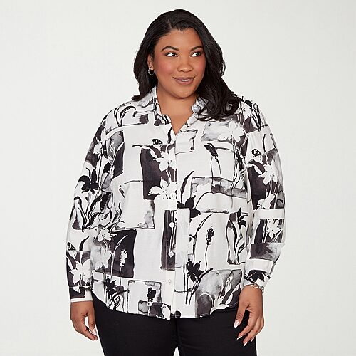 Alfred Dunner Crowd Pleaser Womens Plus Long Sleeve Blouse In Black