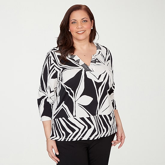 Alfred Dunner Crowd Pleaser Womens Plus V Neck 3/4 Sleeve T-Shirt