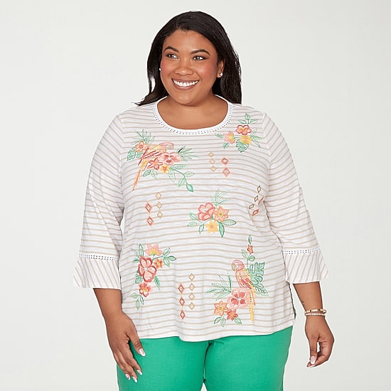 Alfred Dunner Resort Living Womens Plus Crew Neck Long Sleeve T-Shirt