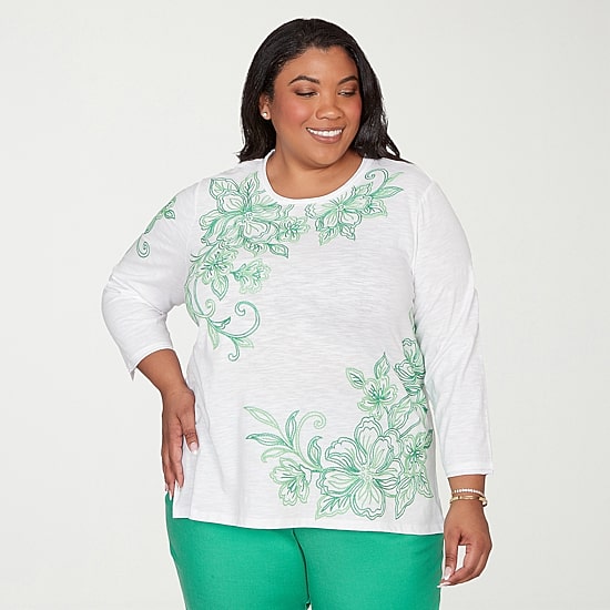 Alfred Dunner Resort Living Womens Plus V Neck Long Sleeve T-Shirt