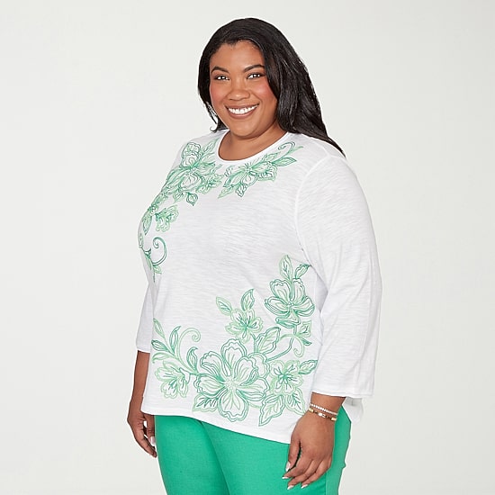 Alfred Dunner Resort Living Womens Plus V Neck Long Sleeve T-Shirt