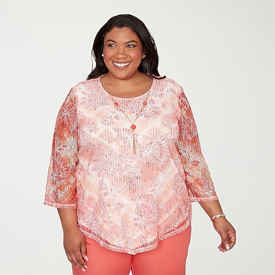 Alfred Dunner Resort Living Womens Plus Crew Neck 3/4 Sleeve T-Shirt