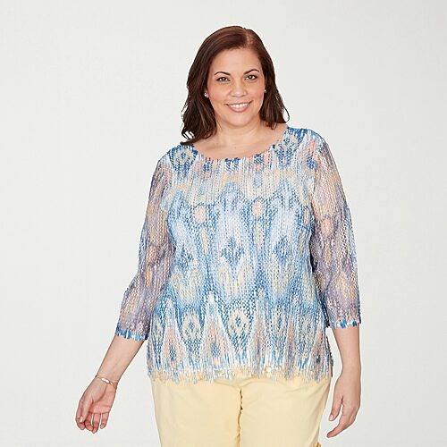 Alfred Dunner Out Of The Blue Womens Plus Crew Neck 3/4 Sleeve T-Shirt, 1x, Blue