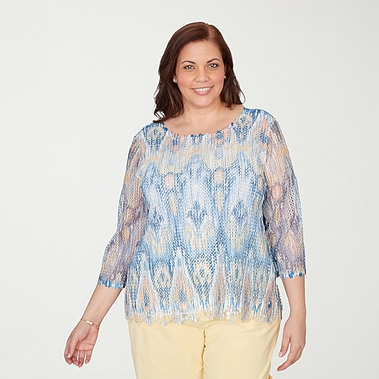 Alfred Dunner Out Of The Blue Womens Plus Crew Neck 3/4 Sleeve T-Shirt
