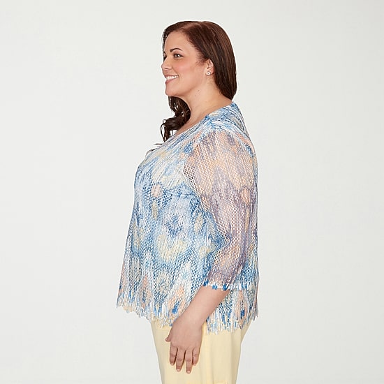 Alfred Dunner Out Of The Blue Womens Plus Crew Neck 3/4 Sleeve T-Shirt