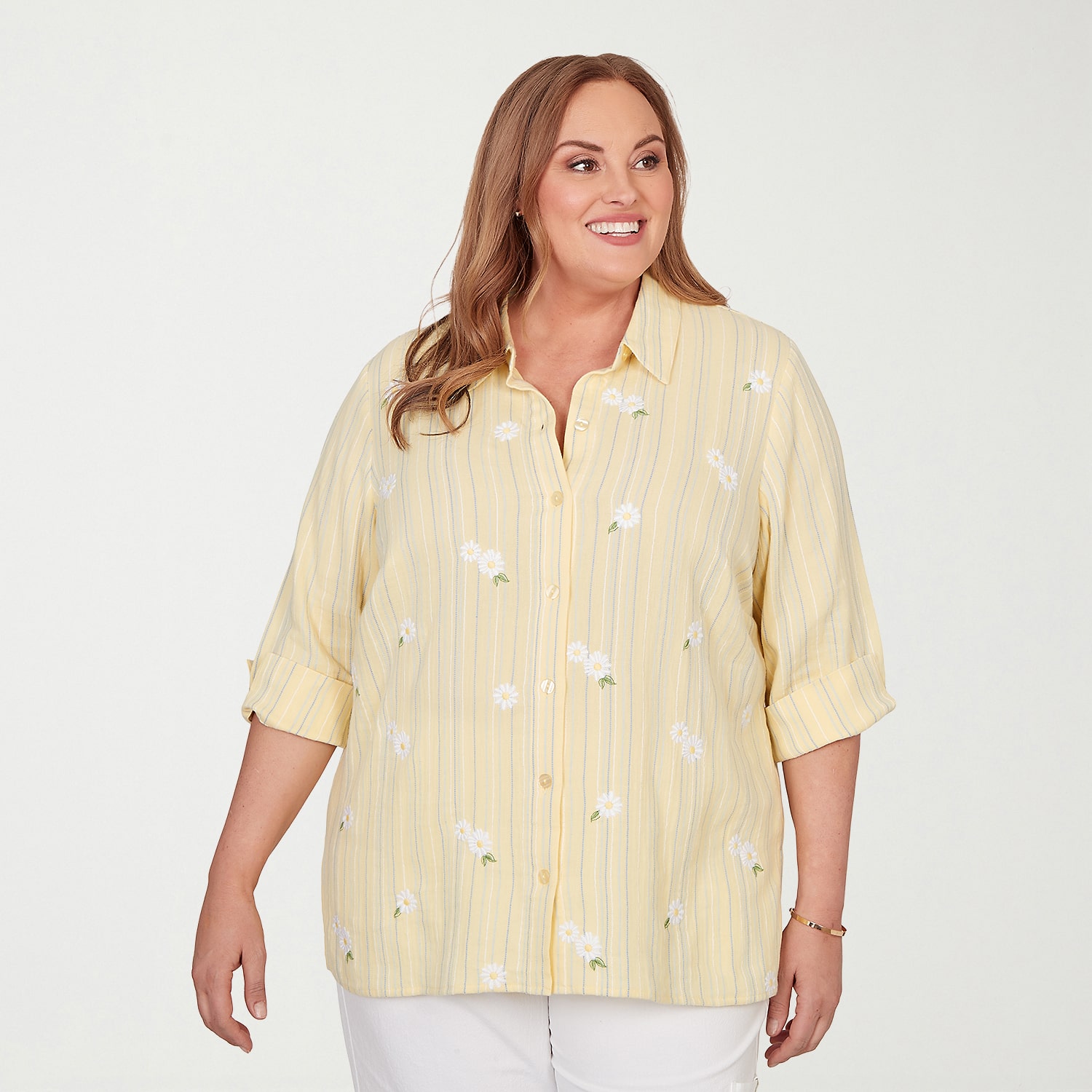 Alfred Dunner Out Of The Blue Womens Plus 3/4 Sleeve Embroidered Blouse