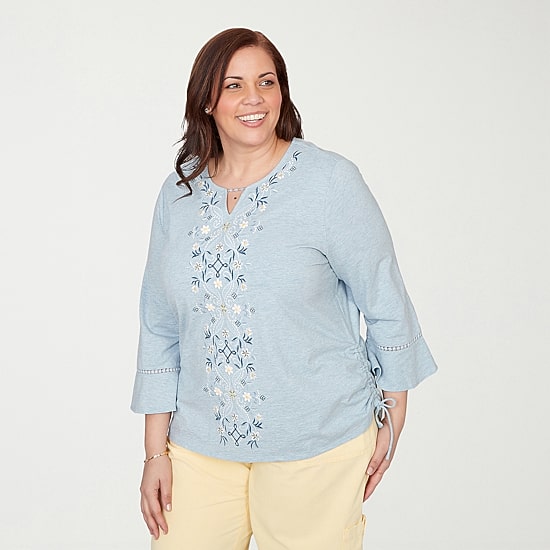 Alfred Dunner Out Of The Blue Womens Plus Keyhole Neck 3/4 Sleeve T-Shirt
