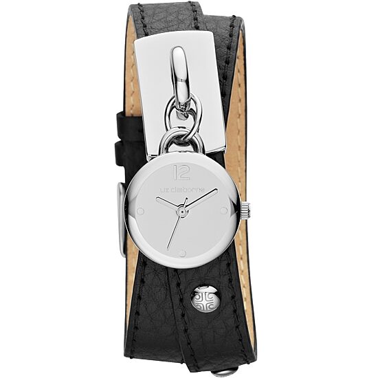 Liz Claiborne Womens Black Leather Double-Wrap Charm Watch