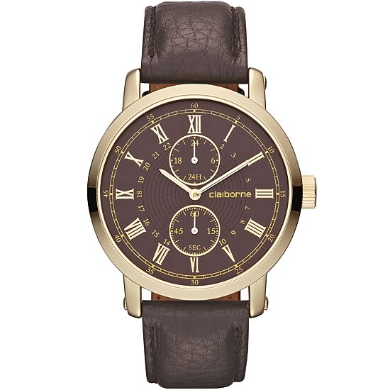 Claiborne Mens Brown Leather Gold-Tone Watch