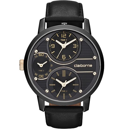 Claiborne Mens Oversized Dial Black Leather Strap Watch