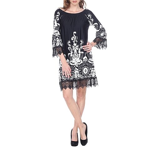 White Mark Uniss Womens Boat Neck 3/4 Sleeve Paisley Sheath Dress, Medium, Black