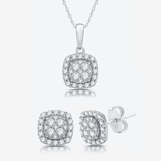 Womens 1 CT. T.W. Lab Grown White Diamond Sterling Silver Cushion 2-pc. Jewelry Set