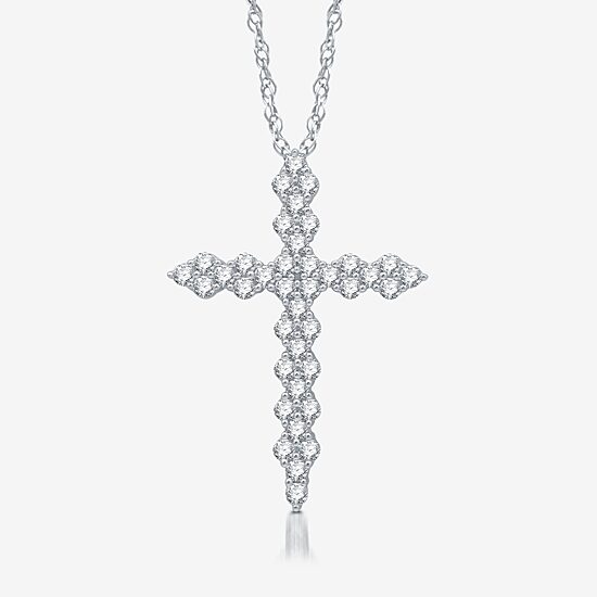 Womens 1 CT. T.W. Lab Grown White Diamond Sterling Silver Cross 18 Inch Pendant Necklace