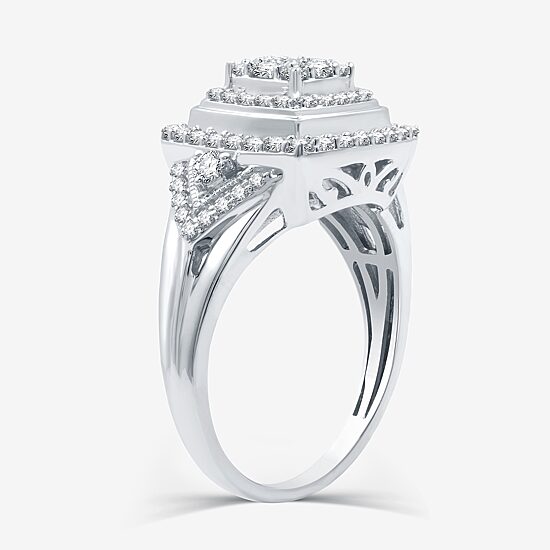 Womens 3/4 CT. T.W. Lab Grown White Diamond Sterling Silver Cushion Halo Side Stone Cocktail Ring