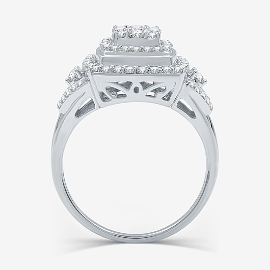 Womens 3/4 CT. T.W. Lab Grown White Diamond Sterling Silver Cushion Halo Side Stone Cocktail Ring