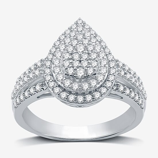Womens 3/4 CT. T.W. Lab Grown White Diamond Sterling Silver Pear Halo Side Stone Cocktail Ring