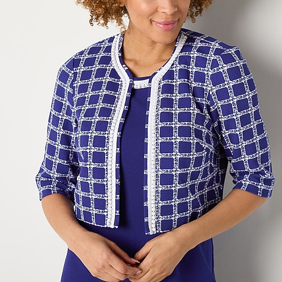 Maya Brooke Womens Pearl Trim Grid Jacket Dress