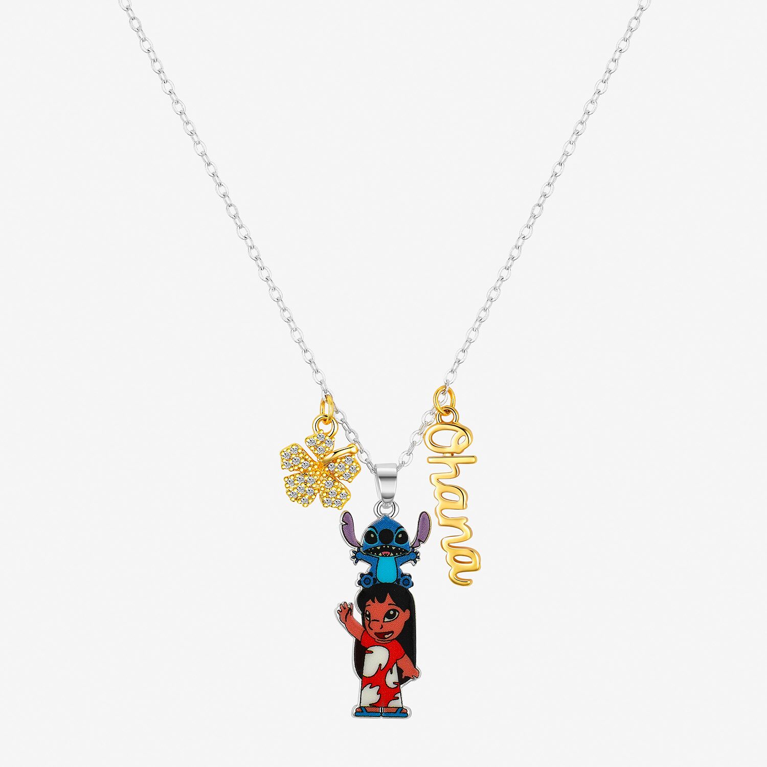 Disney Classics Ohana Womens Cubic Zirconia 10K Gold Over Brass Pure Silver Over Brass Flower 16 Inch Pendant Necklace