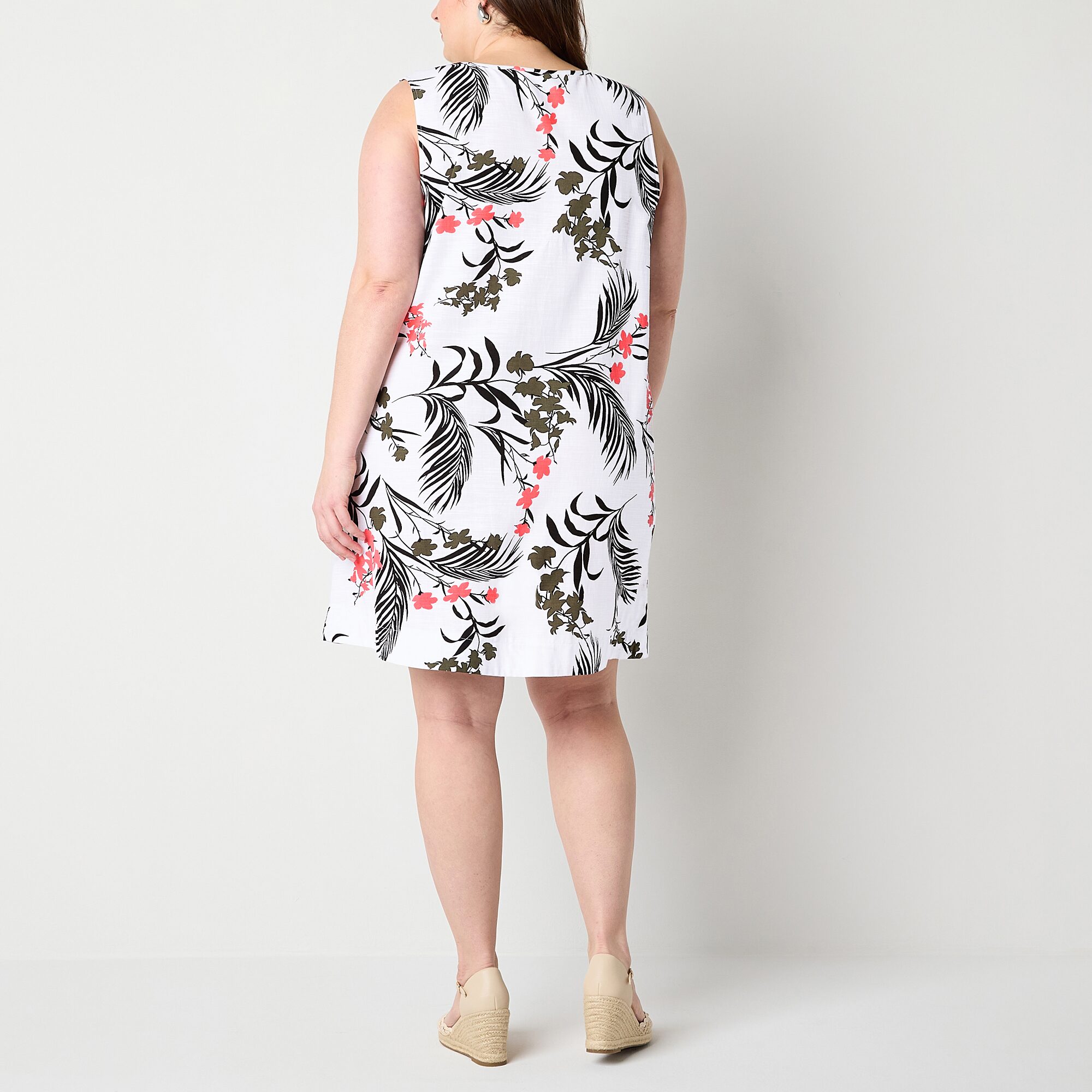 Liz Claiborne Womens Plus Midi V Neck Sleeveless Floral A-Line Dress