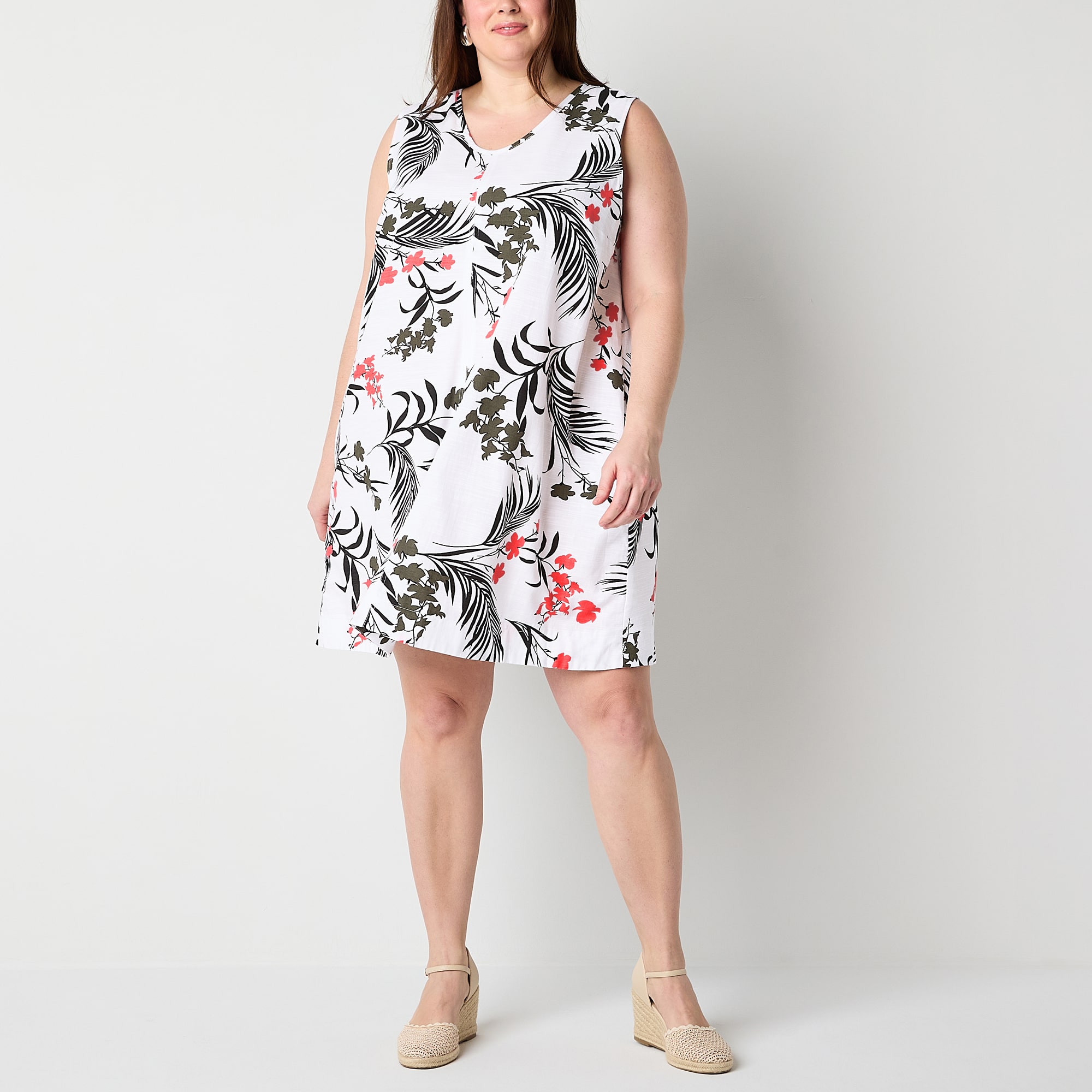 Liz Claiborne Womens Plus Midi V Neck Sleeveless Floral A-Line Dress